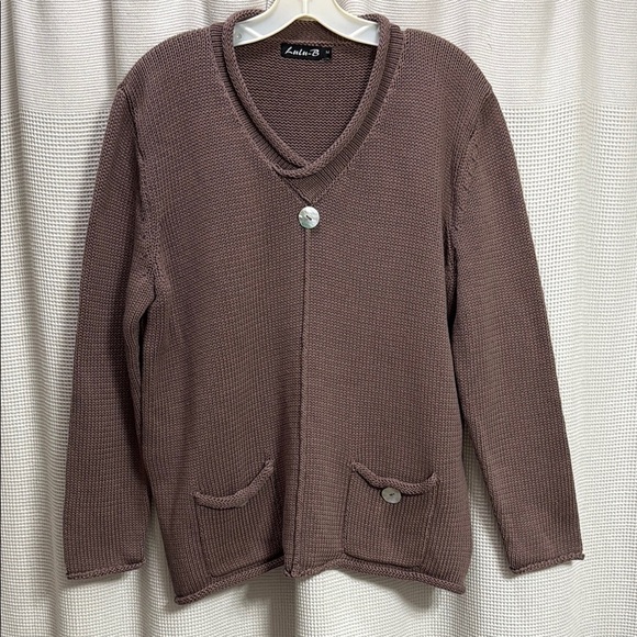 Lulu-B Taupe Cotton Boxy Sweater SZ M brown w pearl buttons patch pockets summer - Picture 1 of 7